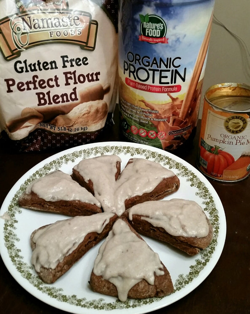Gluten-free Chocolate Pumpkin Protein Scones with Coconut Frosting